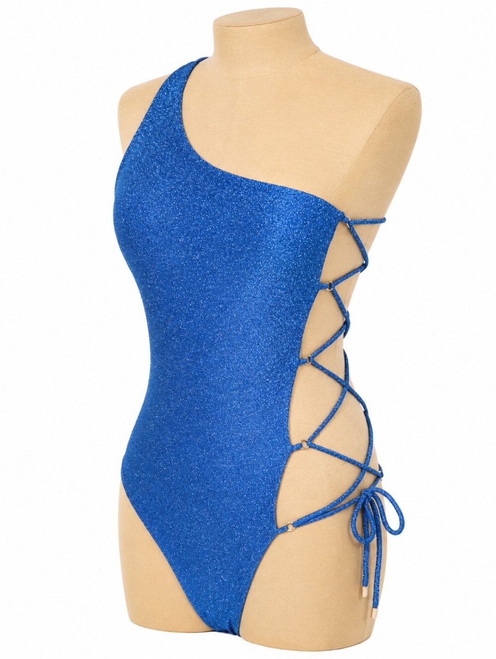 Blue Metallic One Shoulder Monokini Swimsuit Size S Cutout Lace Up